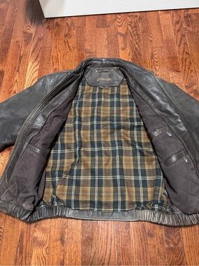 St. John's Bay Men's Dark Brown Leather Bomber Jacket with Plaid Lining